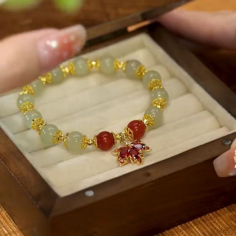 🍃💚 Hetiano žadeito apyrankė su auksine lapelio dekoracija