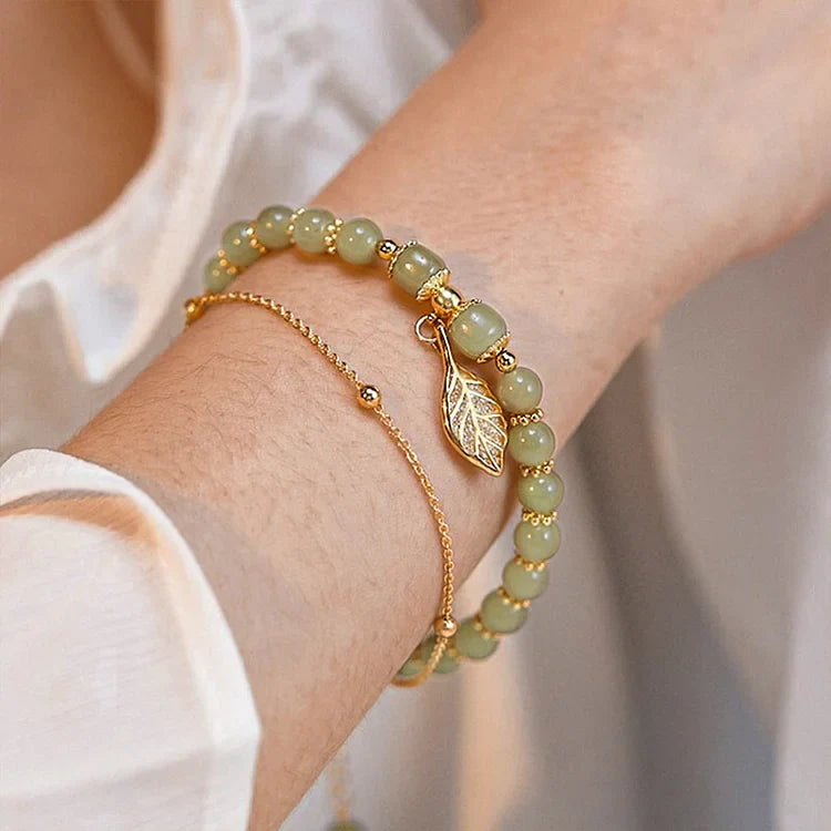 🍃💚 Hetiano žadeito apyrankė su auksine lapelio dekoracija