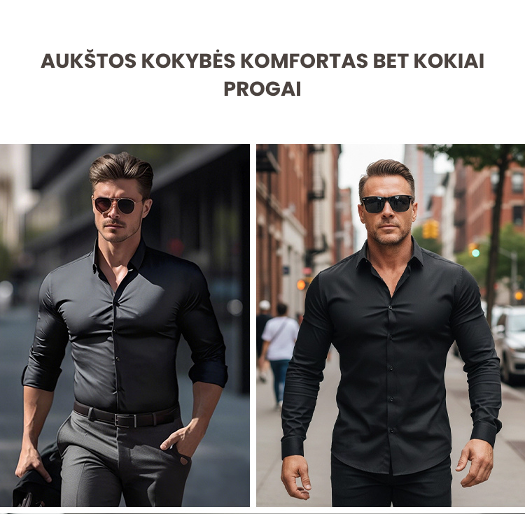 Vyriški ilgarankoviai marškiniai su atlapais ir sagomis, vienspalviai