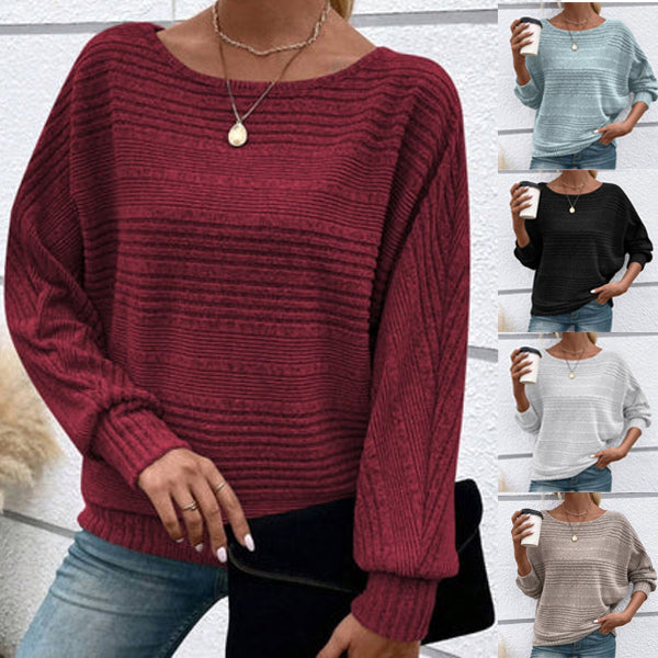 💜 Paprasta dryžuota palaidinė apvalia iškirpte ir ilgomis rankovėmis