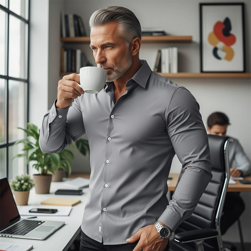 Vyriški ilgarankoviai marškiniai su atlapais ir sagomis, vienspalviai