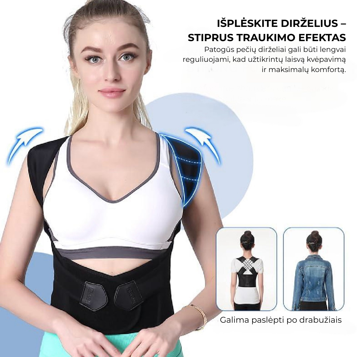 Reguliuojamas ergonomiškas laikysenos korektorius – visos dienos atrama