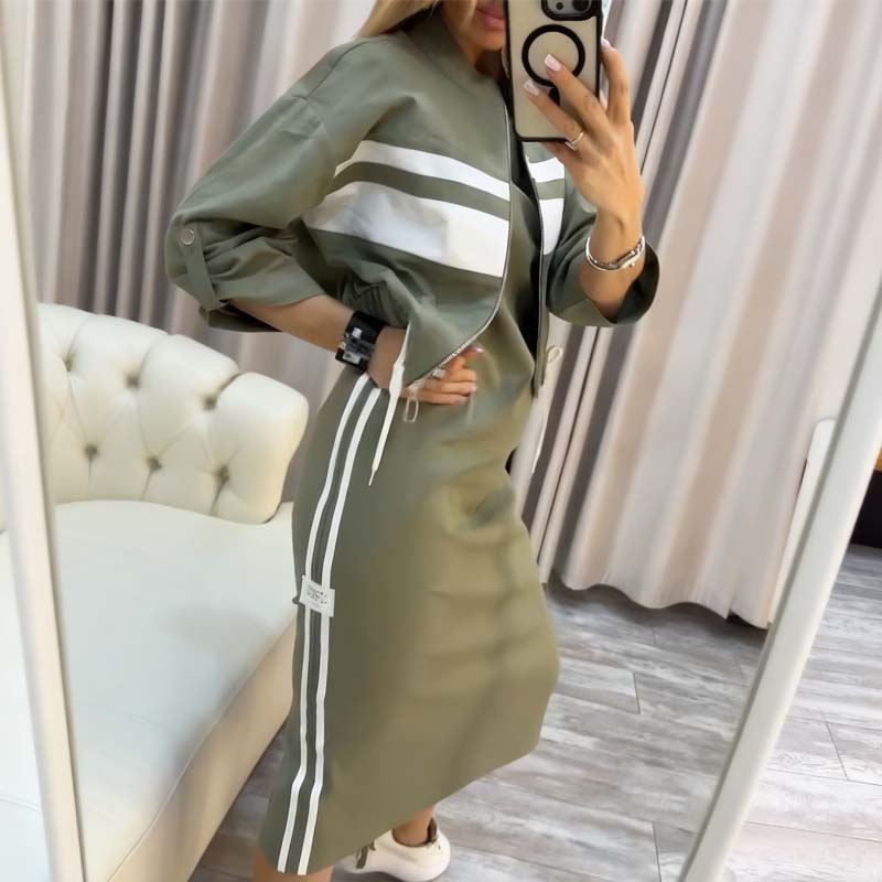 ✨ Moteriškas paltas su aukšta apykakle ir suknelės komplektu